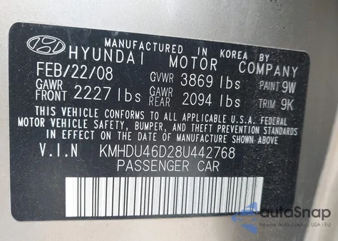 2008 Hyundai Elantra Gls/Se from USA, damaged, VIN KMHDU46D28U442768